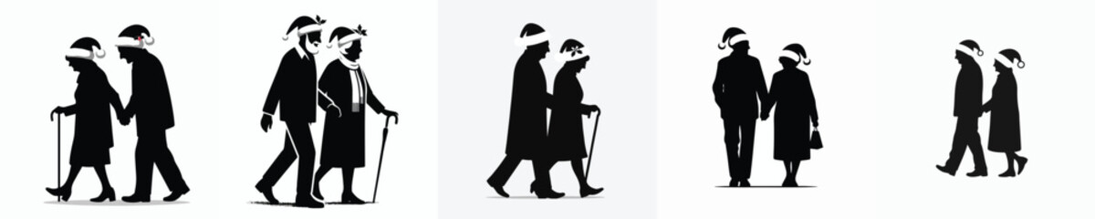 vector silhouette of a old couple walking in a Christmas atmosphere