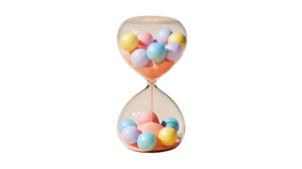 Modern abstract hourglass with colorful pastel balls inside, clear glass exterior, isolated on white background, representing time and playfulness