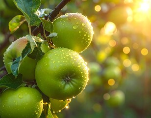 Close-up of green fruit on a tree branch, illuminated by the sun