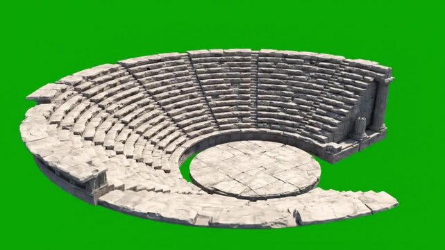 Low-angle view of ancient stone amphitheater seating on green background