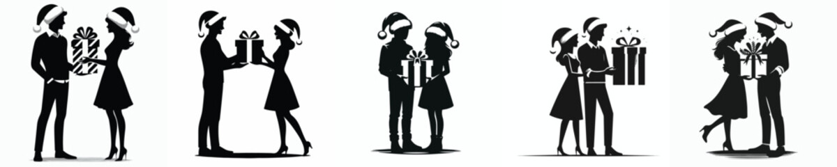 vector silhouette full body of a couple holding a gift together