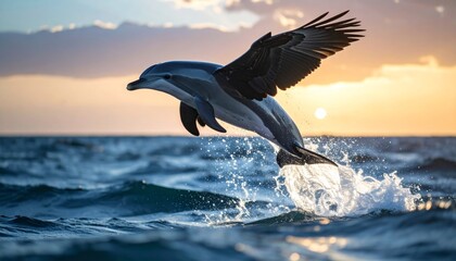 A majestic dolphin with a bird's wing leaps from the ocean waves during a vibrant sunset, creating a surreal and beautiful scene.