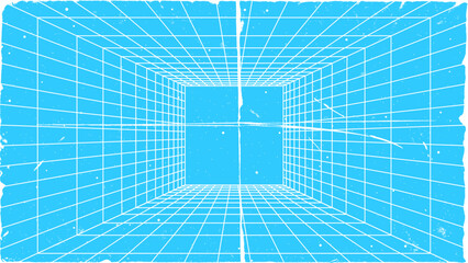 3D wireframe perspective grid room template design vector illustration background. Empty three dimensional virtual room perspective wireframe grid geometric sketch. Cyber virtual line interior frame