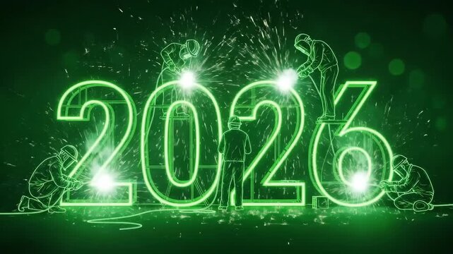 Welders completing the glowing 2026 number on a dark green background. New Year construction concept with sparkle effect for greeting card.
