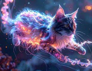 A magical tabby cat with glowing fur and ethereal tendrils floating in a dark, mystical environment.