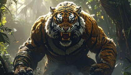 A powerful, muscular, anthropomorphic tiger-like creature with glowing eyes and bared fangs, roaring in a dense jungle.