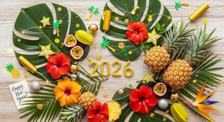 Tropical New Year 2026 celebration with festive decorations for holiday greeting card. Exotic vacation concept.