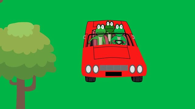 Frog prince with golden crown sitting royally on green screen chromakey background. Perfect for 2d animated cartoon animation fairy tale, transformation, or magical story elements.