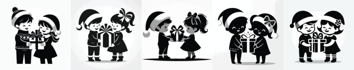 vector silhouette of children holding a gift together