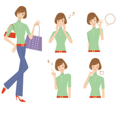 半袖とズボンの洋服を着て買い物をする女性と上半身で色々なポーズ