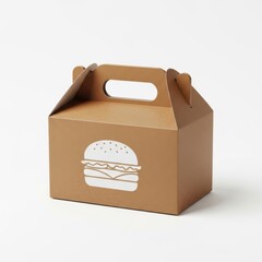Brown paper lunch box with hamburger illustration, isolated on white background