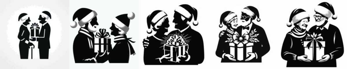 vector silhouette of old couple holding a gift together