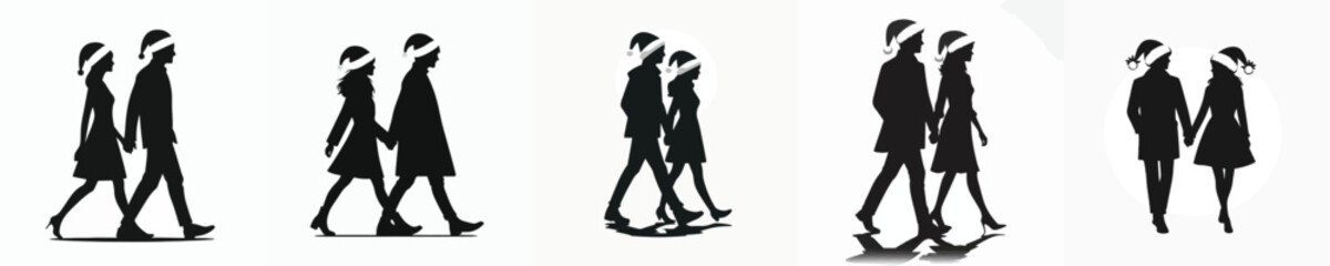 vector silhouette of a couple walking in a Christmas atmosphere