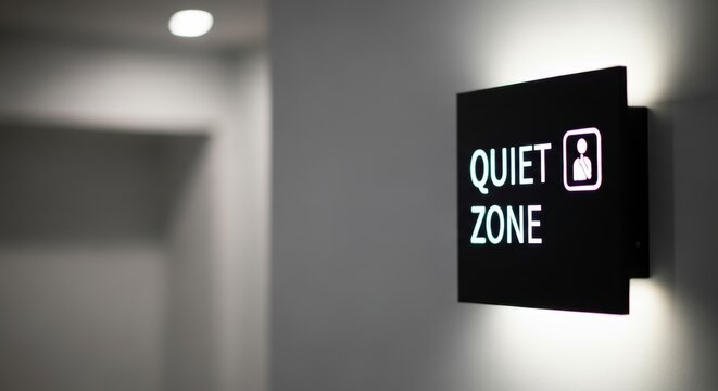 Quiet zone sign with an illuminated symbol for silence and privacy. Concept of designated quiet area for focus or relaxation.