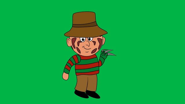 Horror villain with striped sweater, hat, and claws posing menacingly on green screen chromakey background. Suitable for 2d animated cartoon animation scary, nightmare, or thriller scenes.