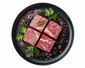 Four cubes of premium raw beef are arranged neatly on a black plate, garnished with peppercorns and herbs.