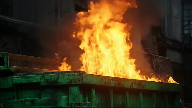 A fiery scene of flames erupting from a green dumpster in an urban setting.