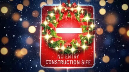 Christmas wreath on red no entry construction site sign during snowfall. Holiday safety and restricted access concept. Merry Christmas.