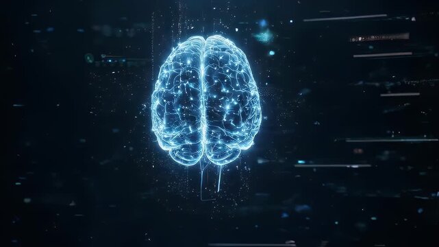 Glowing blue brain in dark, techy space
