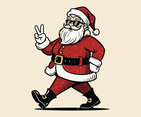 Vintage Print Illustration: Cool Santa Claus with Peace Sign