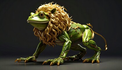 A fantastical creature, a frog-lion hybrid with a golden mane, standing on all fours in a studio setting.
