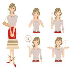 おしゃれ着で買い物をする女性と上半身で色々なポーズ