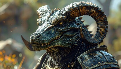 A detailed close-up of a formidable reptilian creature with large ram-like horns and intricate scales, wearing dark armor in a natural outdoor setting.