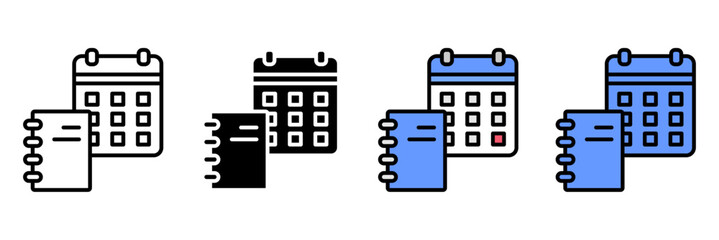 Planning Schedule Icon Set Multiple Style Collection. Calendar, Clock, Notebook, Checklist, Meeting, Reminder, Task List, Planner, Deadline, Appointment, Goal, Event, Priority, Progress, Strategy, Age