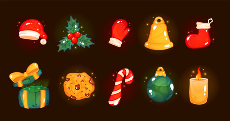 Christmas Game Icon Set. Сollection of Christmas game icons in a cartoon style. Perfect for seasonal interface updates for mobile games, casual games, and RPGs