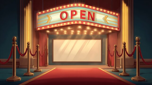 Illuminated cinema marquee displaying open with a red carpet entrance