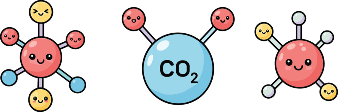 Cute cartoon style molecule characters with happy faces