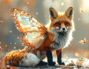 A magical fox with vibrant butterfly wings sits gracefully in a sun-dappled autumn forest, surrounded by golden leaves and soft bokeh.