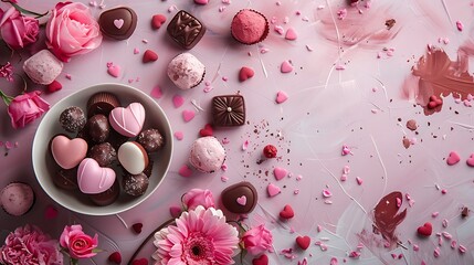 Valentines day flat lay with hearts chocolates flowers clean background