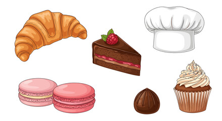 Assorted sweet pastries and desserts arranged on a clean white background with a chef's hat