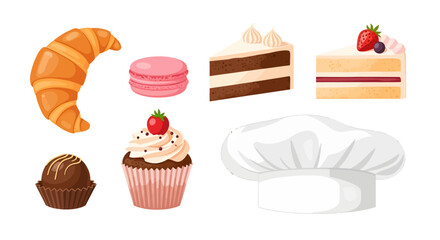 Assorted baked goods and a chef's hat displayed on a clean white background.