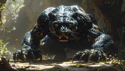 A powerful, muscular black panther-like creature with glowing yellow eyes and sharp claws in a jungle setting.