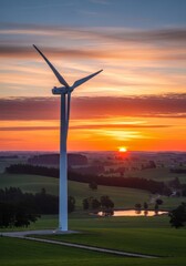Obraz premium Modern wind turbine stands tall in a green rural landscape against a vibrant orange sunset on the horizon. Clean energy for sustainable future concept.
