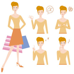 長袖を着て買い物をする女性と上半身で色々なポーズ