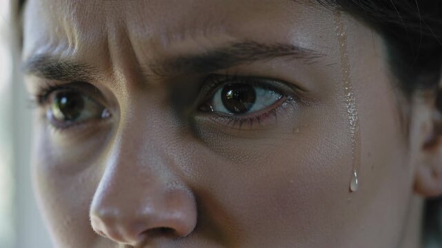 Close up of a woman's face showing sweat and intense emotion for stress concept
