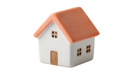 A small white house icon with a simple cube body and triangular orange roof featuring a brown door and windows on a plain white background