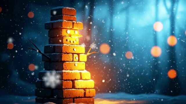 Snowman made of glowing bricks in a snowy winter landscape at night. Christmas season with falling snow. Holiday celebration concept.