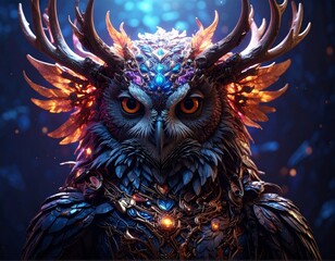 A mystical fantasy owl creature with glowing eyes, intricate antlers, and iridescent blue and gold feathers in a magical forest.