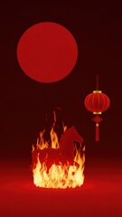Horse silhouette engulfed in flames with red lantern and moon. Chinese new year concept.