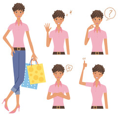 襟付きの半袖を着て買い物をする女性と上半身で色々なポーズ