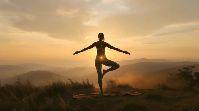 Woman practicing yoga tree pose on mountain top at sunrise