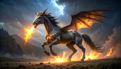 A powerful mythical winged horse breathing fire amidst a stormy landscape with lightning.