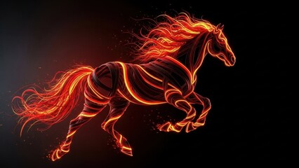 Fiery horse with a glowing mane and tail leaps against a dark background, energy concept.