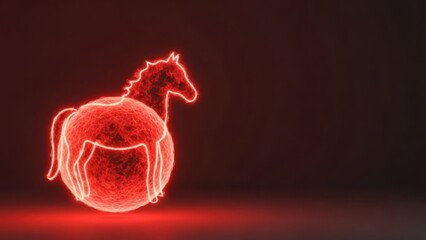Glowing red horse standing on a sphere, a digital representation with copy space.