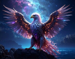 Majestic cosmic eagle with glowing wings perched on a rock under a vibrant nebula sky.