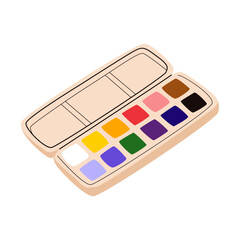 Watercolor paint set with multiple colors. Art tool for education, kids creativity, painting lessons